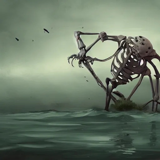 Prompt: a skeleton giant sinking into the water. by alex konstad