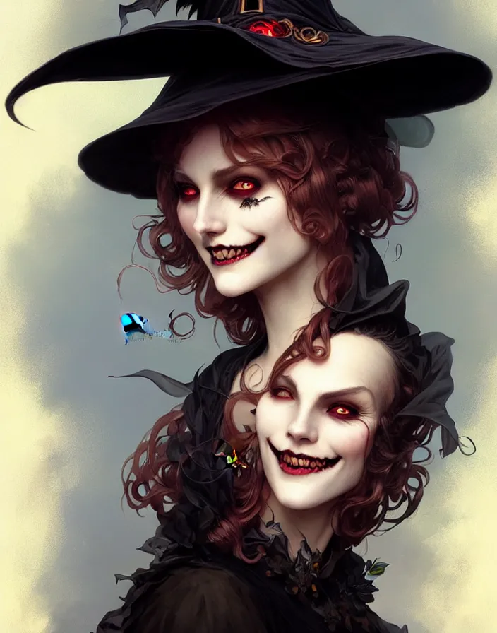 Image similar to halloween witch woman in a hat smiles, fantasy magic, undercut hairstyle, dark light night, intricate, elegant, sharp focus, illustration, highly detailed, digital painting, concept art, matte, art by wlop and artgerm and greg rutkowski and alphonse mucha, masterpiece