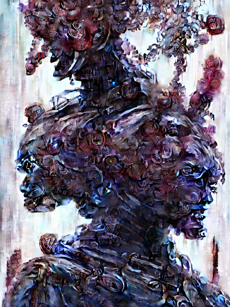 Image similar to asura from chinese myth, ghost, gorgeous and huge head ornaments, dystopian, cyberpunk, organic fractal mycelum and fungi, mecha, halfturn portrait of a big crystal face made of crystals half - turn, ominous, intricate, studio, art by anthony macbain + greg rutkowski + alphonse mucha, concept art, 4 k, sharp focus