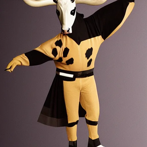 Prompt: A Marvelous Designer render of a cow costume. Tom Ford for Gucci 1998.