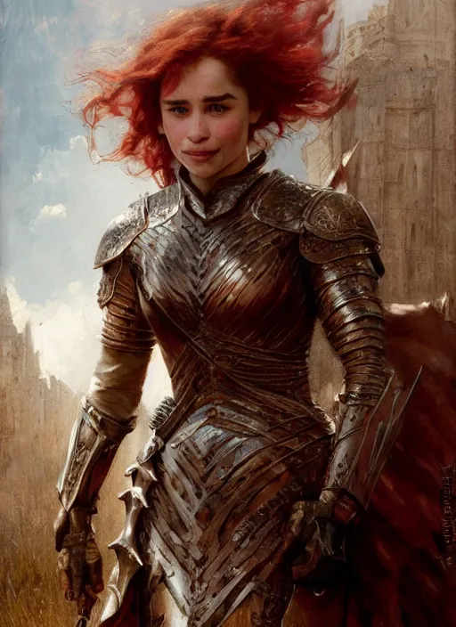 Image similar to short muscular redheaded woman wearing realistic medieval armour, emilia clarke, staring seductively, detailed by gaston bussiere, bayard wu, greg rutkowski, giger, maxim verehin, greg rutkowski, masterpiece, sharp focus, cinematic lightning