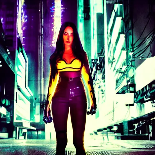 Image similar to cyberpunk megan fox, standing on a cyberpunk street at night, streets are lit with neon lights, portrait, cinematic