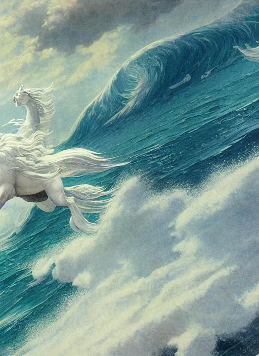 Image similar to pegasus runing through ocean wave, exquisite details, denoised, mid view, byi by alan lee, norman rockwell, makoto shinkai, kim jung giu, poster art, game art