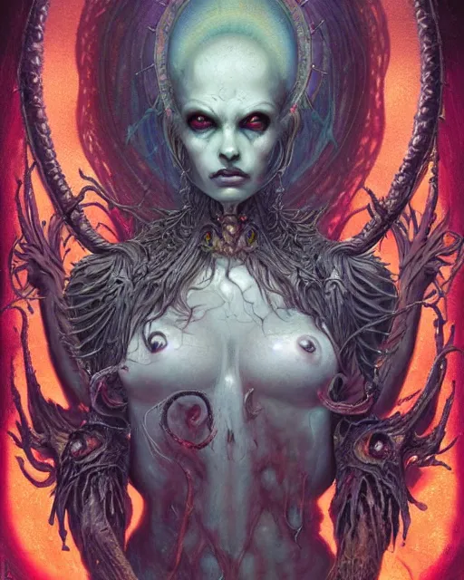 Prompt: perfectly centered portrait front view of a angry dead rotten beautiful female daemon growing ornamentation, ornate, detailed, symmetrical, elegant, beautifully soft lit, by wayne barlowe, peter mohrbacher, kelly mckernan
