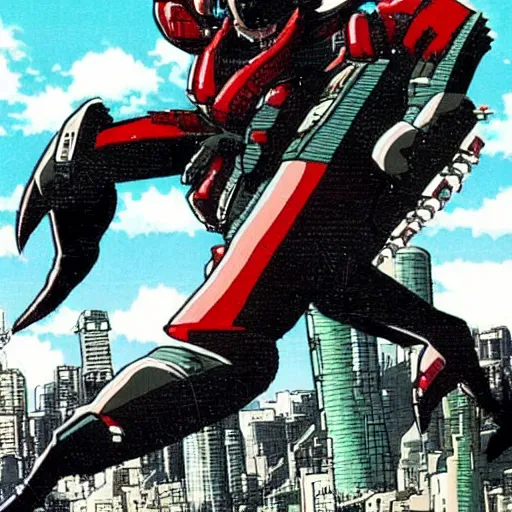 Image similar to an anime image in the style of akira, with a character leaping through the air, striking at a huge bat robot.