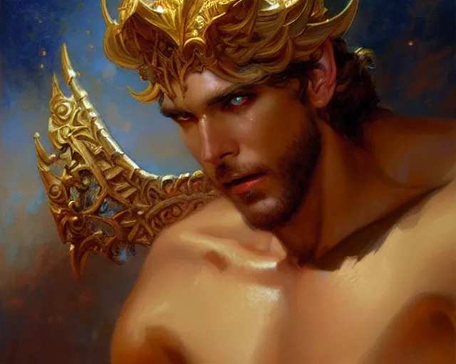 Image similar to attractive pagan male deity, summons handsome lucifer morning star. highly detailed painting by gaston bussiere, craig mullins, j. c. leyendecker 8 k