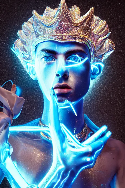 Prompt: hyper detailed ultra sharp portrait of baroque and bladerunner delicate neon diamond sculpture of seductive albino pharaoh zayn malik, diamond blue sphinx iridescent humanoid deity wearing metallic hoody made out of hands holding the sun prismatic dungeon, glowing blue face, crown of white diamonds, cinematic lighting, photorealistic, octane render 8 k depth of field 3 d