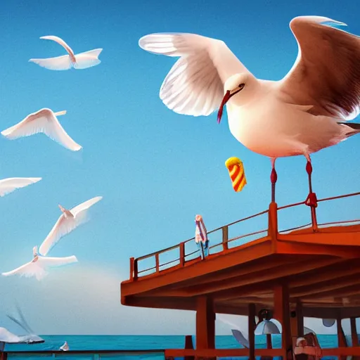 Image similar to A flying seagull holding 🍟, at the pier, illustration, storybook, Artstation
