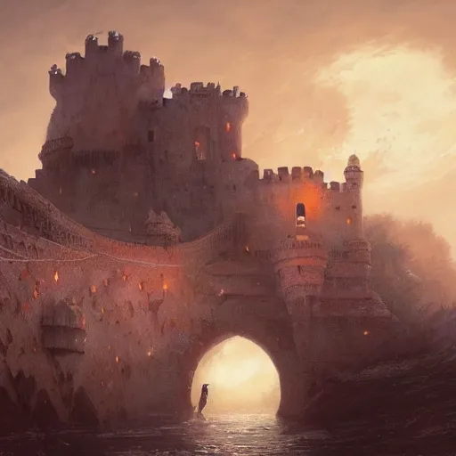 Image similar to prince of persia castle keep on glorious cliff moat with the crescent moon rippling above. Craig Mullins, Dylan Cole, Liang Mark, Darek Zabrocki, Finnian MacManus, Sung Choi, Ruan jia, Albert Bierstadt Greg Rutkowski, Cinematic Keyframe Environmental & Architectural Design Concept Art, Trending on ArtStation