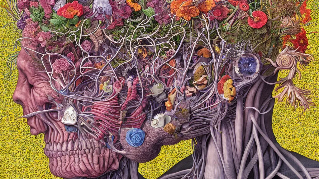 Image similar to highly detailed illustration of a human anatomy head surrounded all the known species of flowers by juan gatti, by moebius!!, by oliver vernon, by joseph moncada, by damon soule, by manabu ikeda, by kyle hotz, by dan mumford, by kilian eng