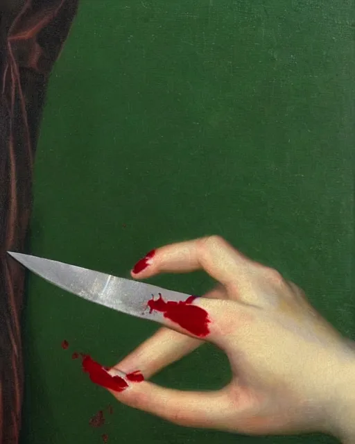 Image similar to by 1 9 th century famous painter, hands, nail polish, blood smear, knife, realism, realistic, oil painting, green wallpaper background