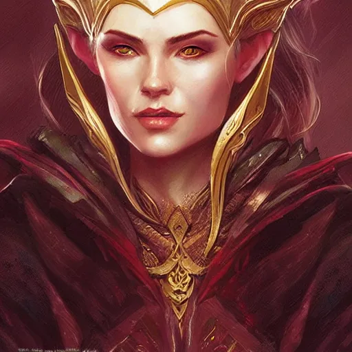 Image similar to elven noblewoman, arrogant, D&D, fantasy, portrait, highly detailed, digital painting, artstation, concept art, sharp focus, illustration, art by artgerm and greg rutkowski and magali villeneuve, red white and gold color scheme