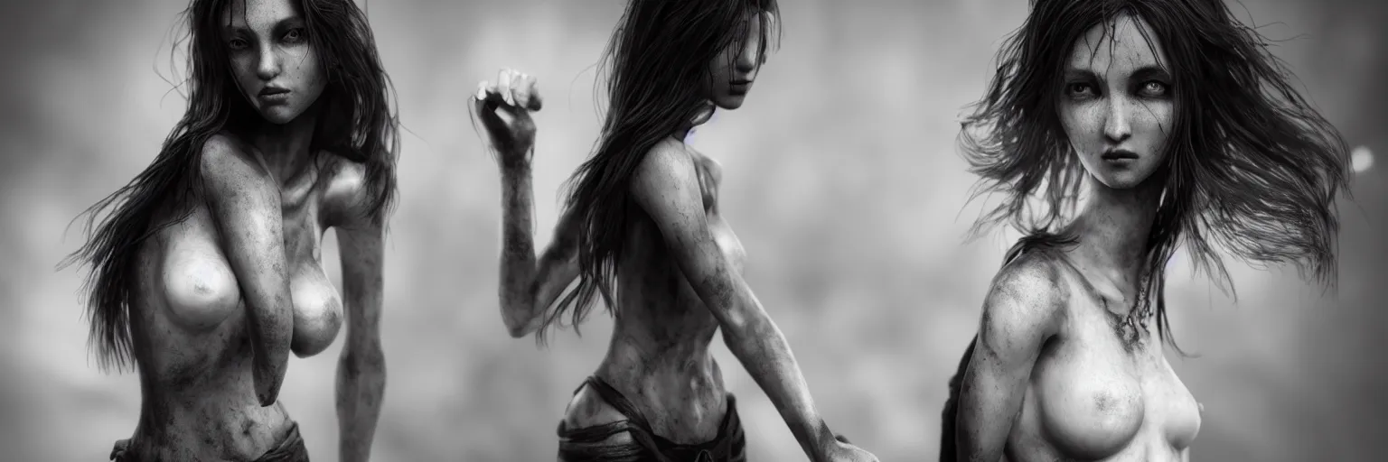 Prompt: epic fantasy render of a beautiful skinny woman body, dark hairs, black and white, highly detailed, cinematic, hyperrealism, dynamic lighting, octane render, cgsociety