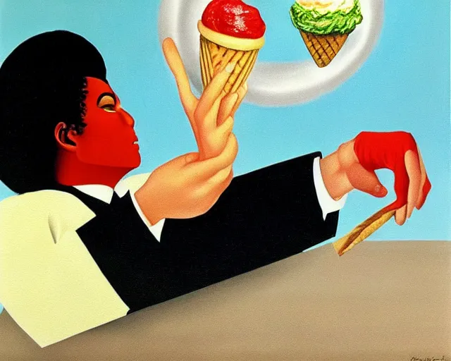 Prompt: Michael Jackson is giving you an icecream, painting by René Magritte