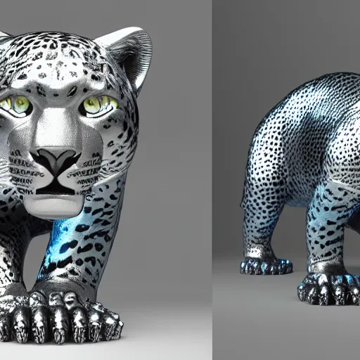 Image similar to silver jaguar sculpture with glowing blue eyes, octane render