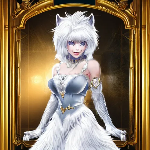 Image similar to commissioned full body portrait of a female anthro furry wolf princess fursona with white hair wearing a white and gold armored dress in a white and gold palace, by Wlop and jerry park, artstation, extremely detailed