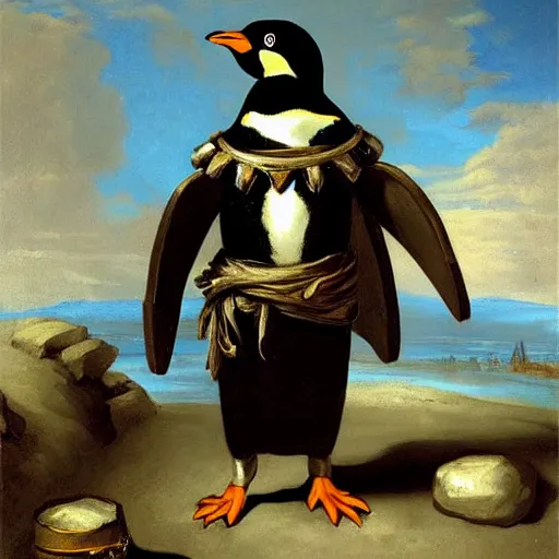 Image similar to penguins are dressed in conquistador armor and are standing in ancient rome, francisco goya, artstation, fine art