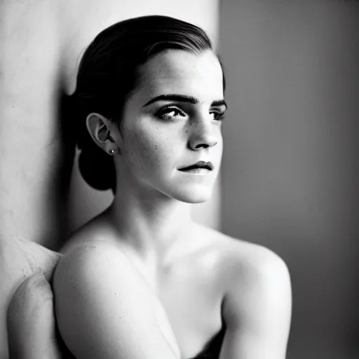 Image similar to elegant portrait of emma watson looking at the camera, pinup, boudoir, 35mm film, Porta 400, f/1.8 portrait