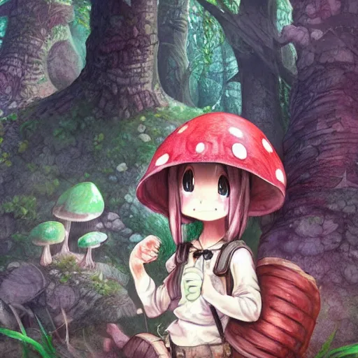 Image similar to cute little girl with a mushroom hat in dark forest, cute artwork, clean detailed, inspired in made in abyss, detailed background