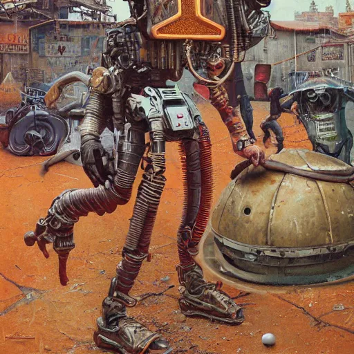 Prompt: junky playing basketball, cybertronic gadgets and vr helmet, flesh + technology, durty colours, rotten textures, rusty shapes, biotechnology, norman rockwell, tim hildebrandt, viktor safonkin, dariusz zawadzki, bruce pennington, larry elmore, intricate details, hyperrealistic oil painting on canvas, deep depth field