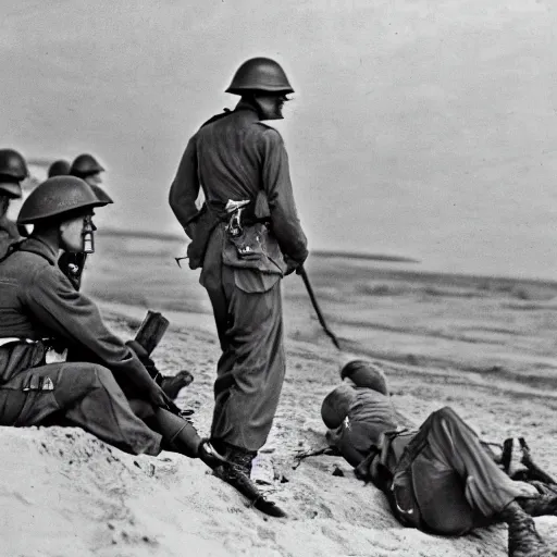 Prompt: ww 2 soldiers at the beach, relaxing, camp fire, detailed, high resolution