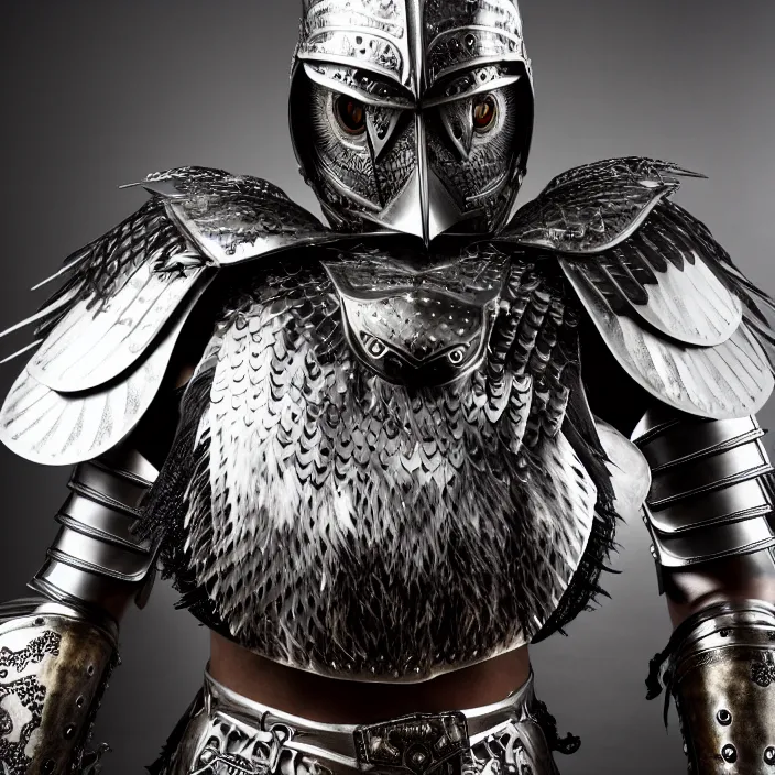 Image similar to full length photo of a warrior with metal owl themed armour, highly detailed, 4 k, hdr, smooth, sharp focus, high resolution, award - winning photo