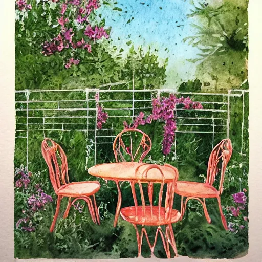 Image similar to delicate, tiger, chairs, garden, paved, botanic watercolors, iridescent, 8 k, realistic shaded, fine details, artstation, italian, iron gate, tree, mediterranean, marvelous