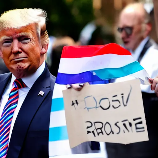 Prompt: photograph of donald trump wearing a trans flag suit at a pride parade