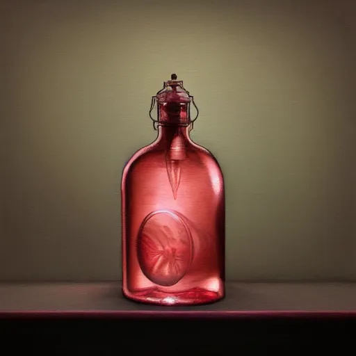 Prompt: a painting of a steampunk light red and pink potion bottle on a counter in a dark dusty vintage science lab, by h. r. giger, hyperrealistic fantasy art, concept matte, ethereal, dreamy, digital art, trending on artstation, volumetric cinematic lighting