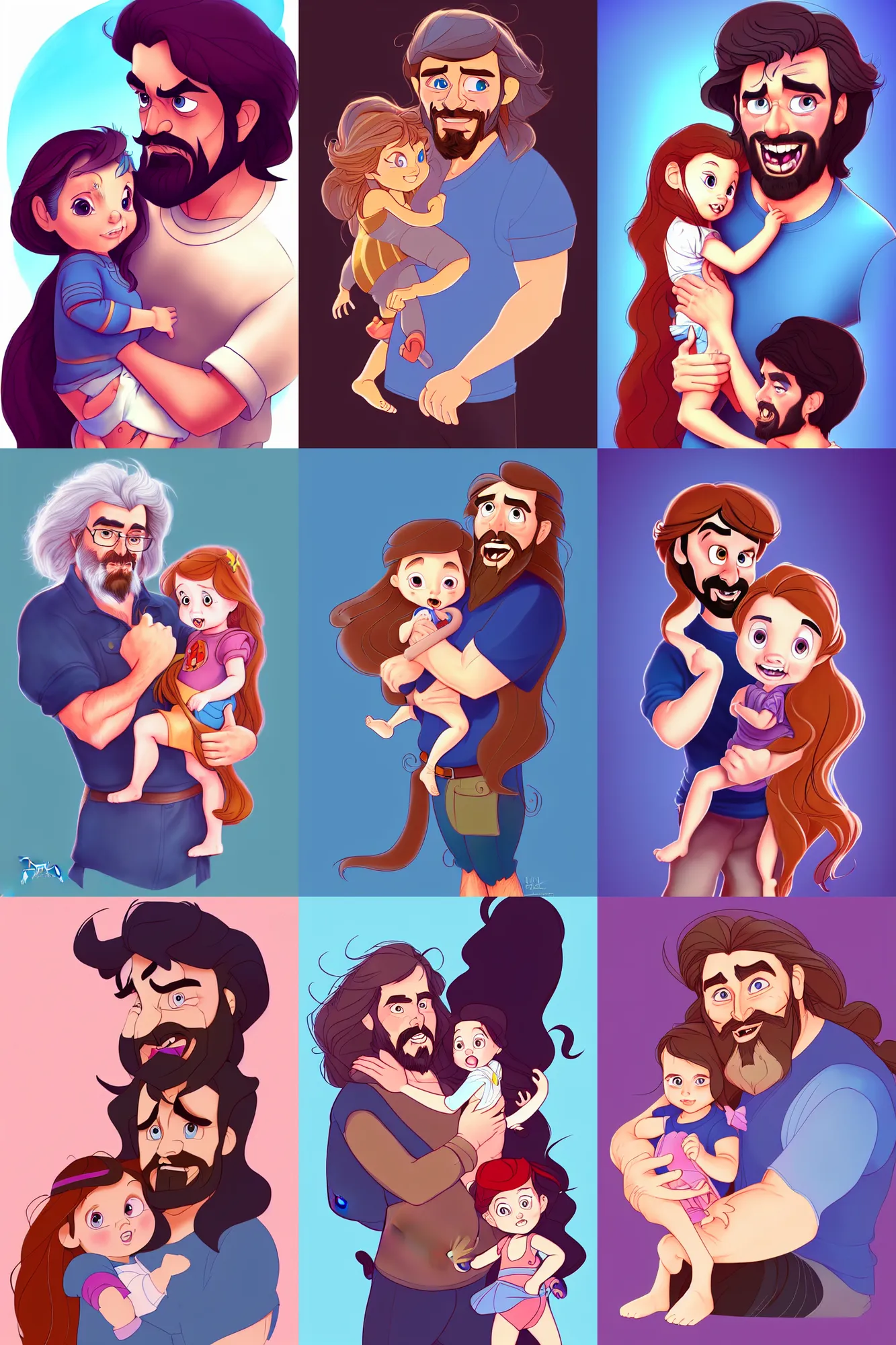 Prompt: a long - haired bearded father and his child toddler girl full color digital illustration in the style of don bluth, artgerm, artstation trending, 4 k