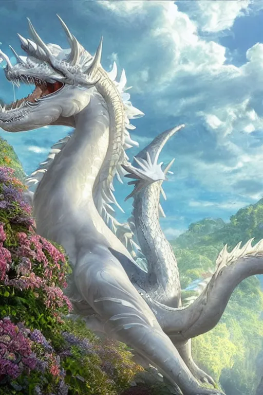 Prompt: beautiful scene render that a princess ride on a huge silver white dragon back, finely detailed angelic face delicate features directed gaze, in the fairyland surrounded by white clouds, style of makoto shinkai, raphael lacoste, louis comfort tiffany, artgerm, james jean, ross tran, 8 k hd, ultra wide angle, animation style, hyper detailed