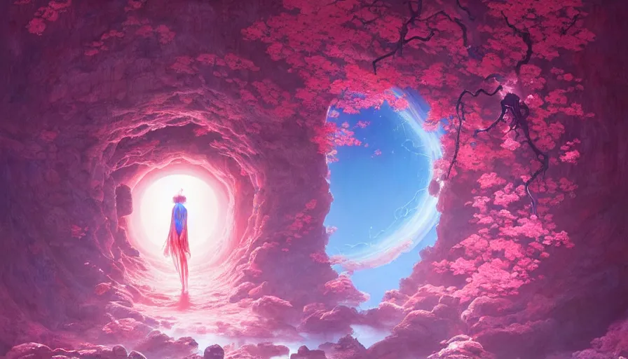 Image similar to a sakura portal appears out of nowhere in waimea canyon, inside the portal is a gateway to tao zhu yin yuan, otherworldly visuals, visually stunning, divine, scifi, by james jean, ruan jia, ilya kuvshinov, martine johanna, peter mohrbacher