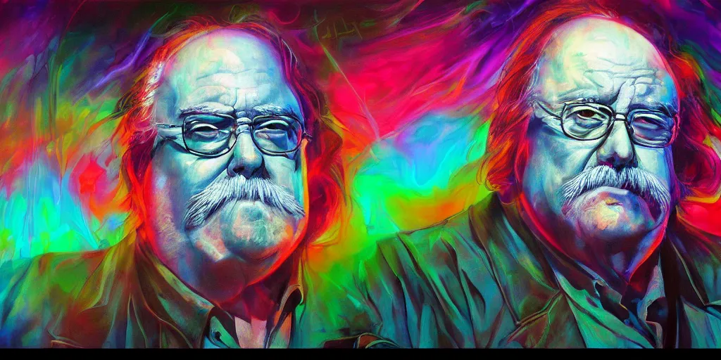 Image similar to wilford brimley diabeetus psychedelic ethereal high fidelity painting high resolution trending on artstation