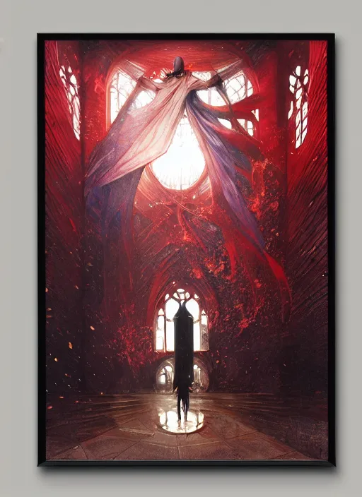 Prompt: view through window! nosferatu, red splash aura in motion, church! floating pieces, painted art by tsuyoshi nagano, greg rutkowski, artgerm, alphonse mucha, spike painting