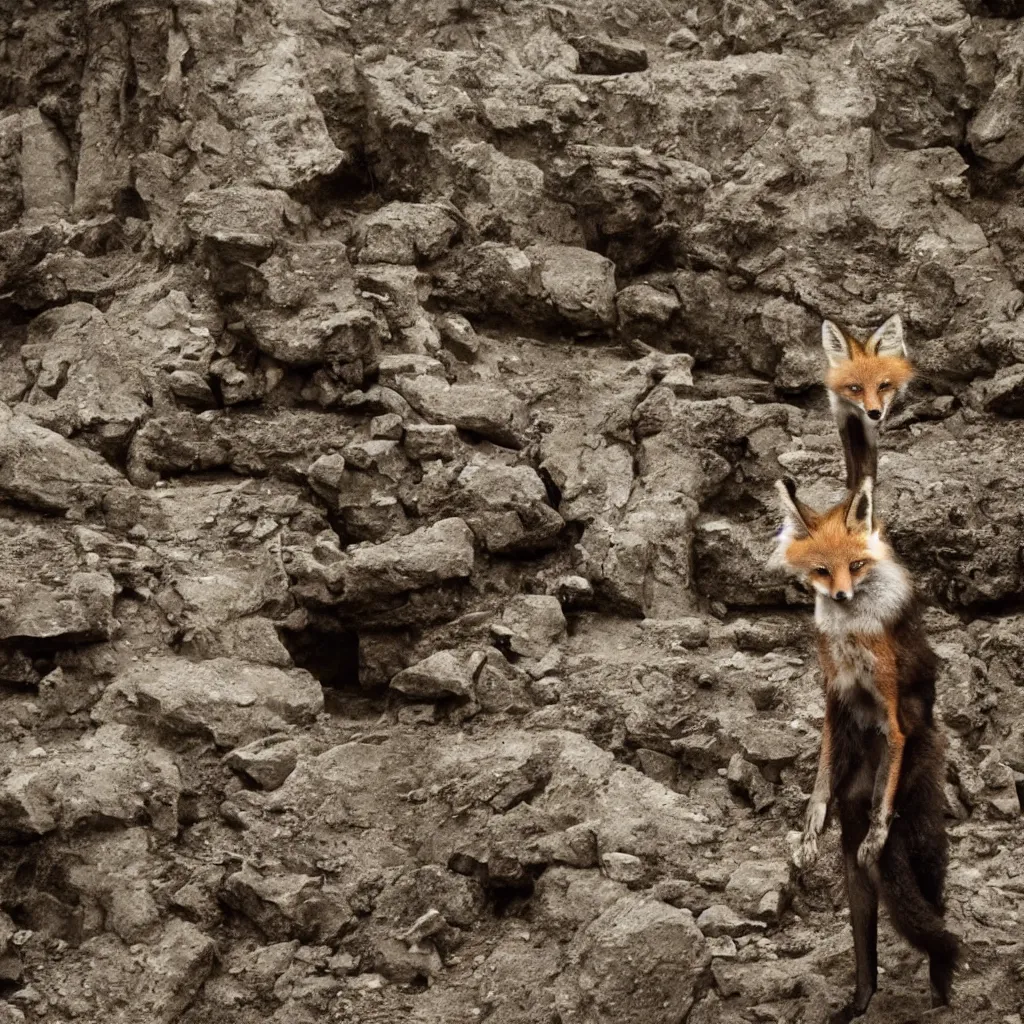 Image similar to anthropomorphic fox explores ancestral ruins, 1 9 3 0 s film still