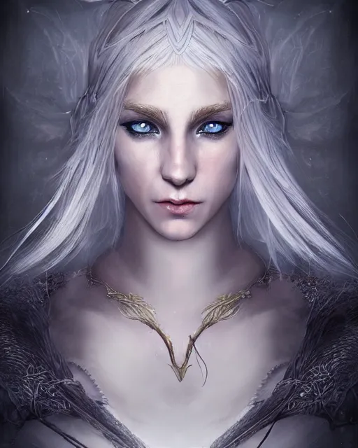 Image similar to portrait of a beautiful female elf with shimmering hair, symmetrical face and eyes, cgsociety, Elden Ring, Dark Souls, Bloodborne