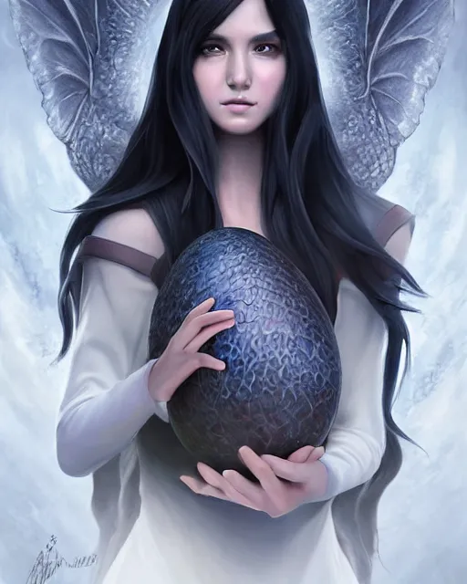 Image similar to portrait of elven teenage mage with long black hair holding dragon egg by artgerm modern fantasy 4 k ultra high resolution