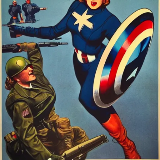 Image similar to female captain america. wwii american propaganda poster by james gurney. d - day