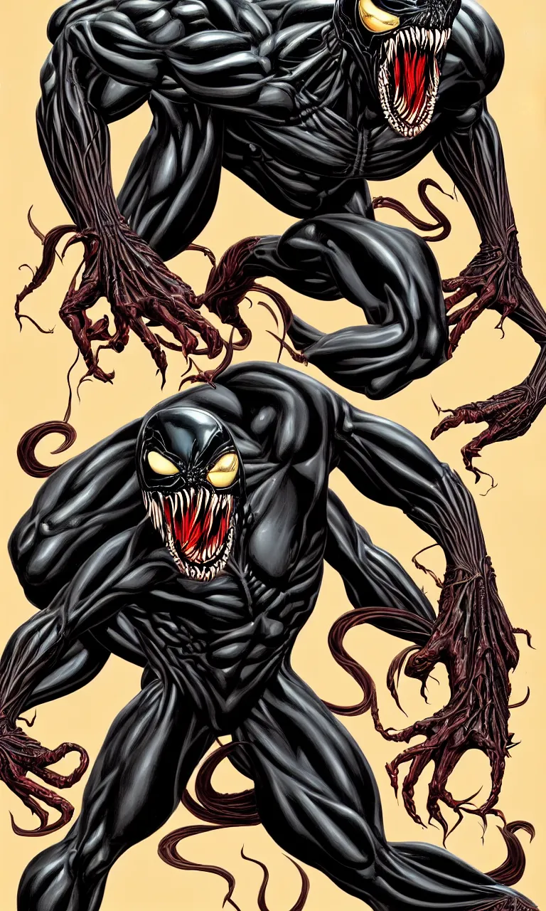 Prompt: anatomically acurate full body long shot venom from marvel comics!!!!, large mouth with teeth, fantasy, intricate, elegant, highly detailed, digital painting, artstation, concept art, matte, sharp focus, illustration, art by glenn fabry