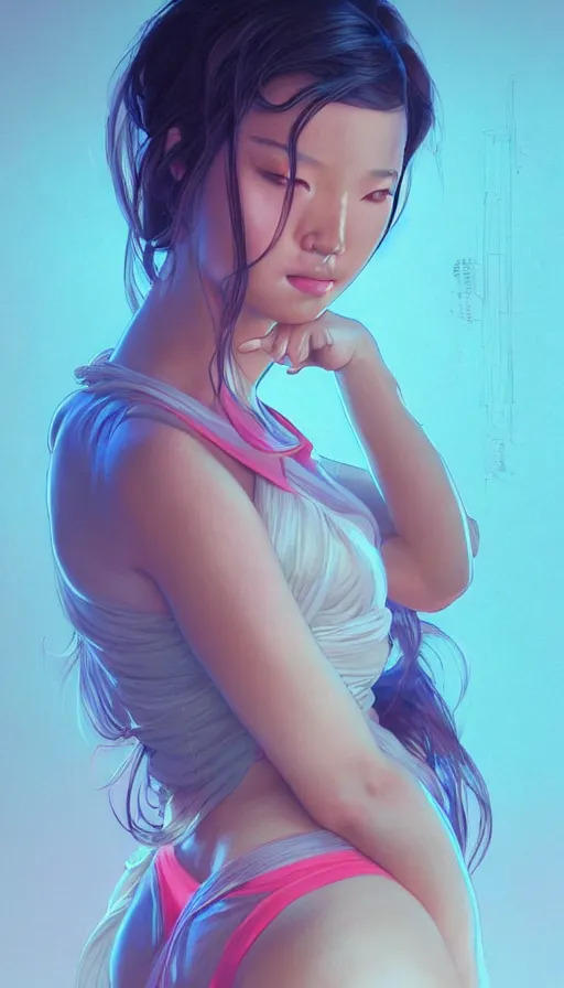 Image similar to neon, academic female pose from artstation, most beautiful asian face, fibonacci, sweat drops, insane, pinup, intricate, highly detailed, digital painting, artstation, concept art, smooth, sharp focus, illustration, Unreal Engine 5, 8K, art by artgerm and greg rutkowski and alphonse mucha