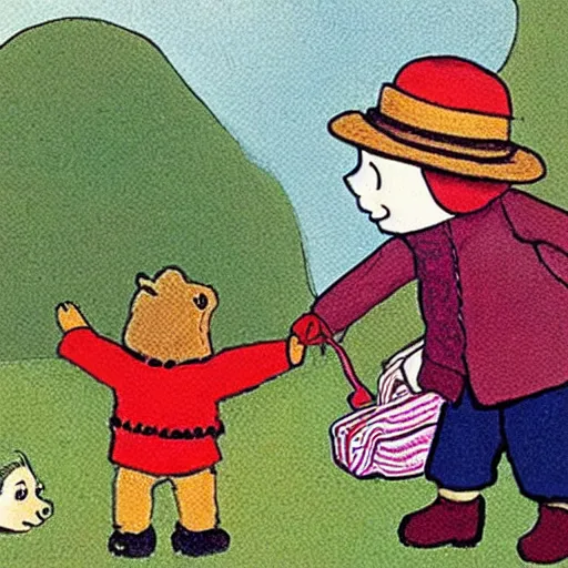 Prompt: an illustration from a children's book featuring paddington bear and pippi