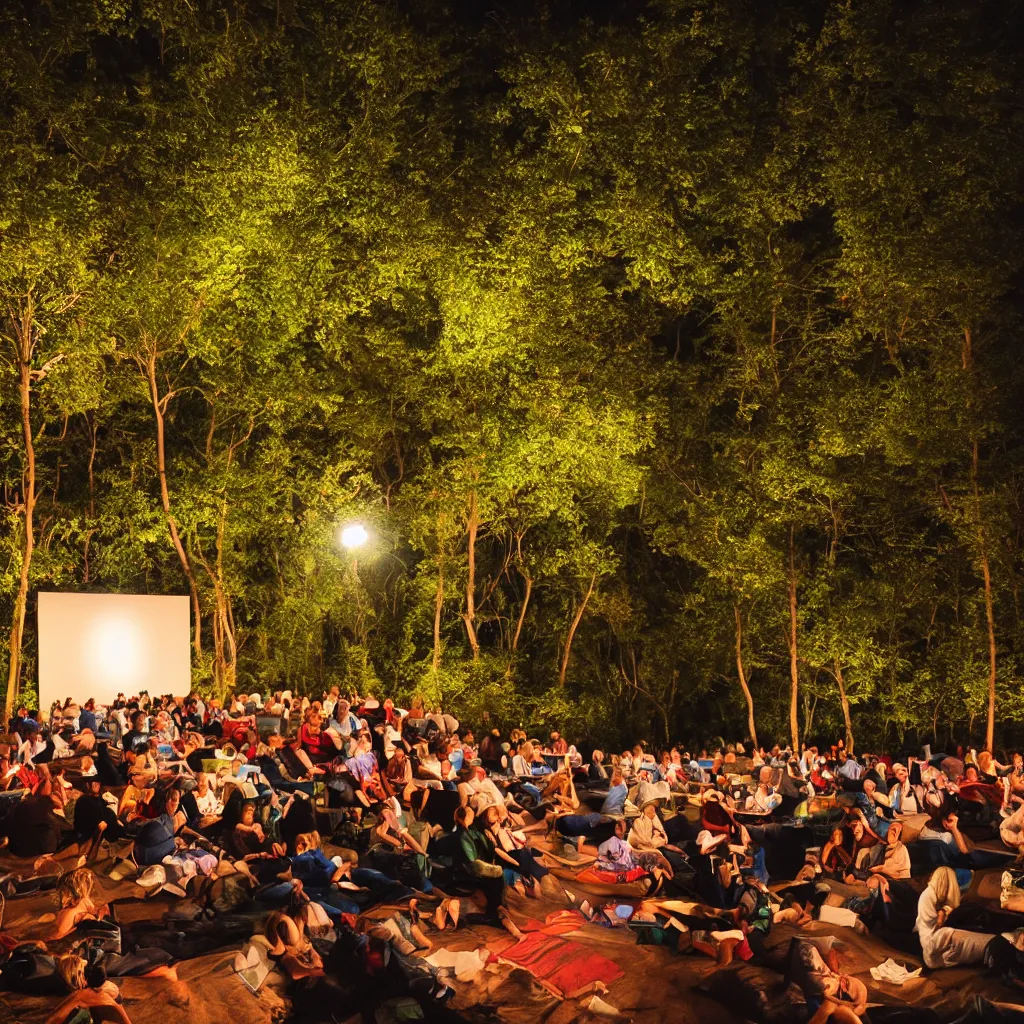 Prompt: outdoor cinema in the forest at night