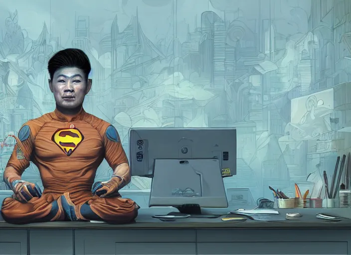 Image similar to an insanely detailed painting of an asian man wearing a homemade superhero costume, sitting at a desk, staring seriously at the computer and typing, in the style of peter mohrbacher, james jean, artgerm, dramatic lighting and composition, surreal background, octane render, pixar, trending on artstation, concept art, comic book, view from behind, 8 k