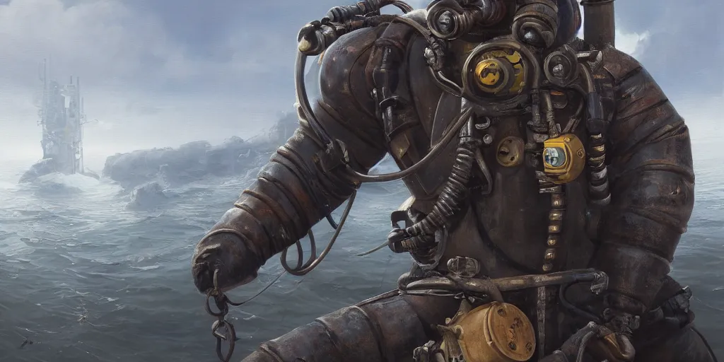 Image similar to highly detailed portrait painting of welder in atmospheric diving suit, mono eyed, by eddie mendoza and tyler edlin, windows, 8 k resolution