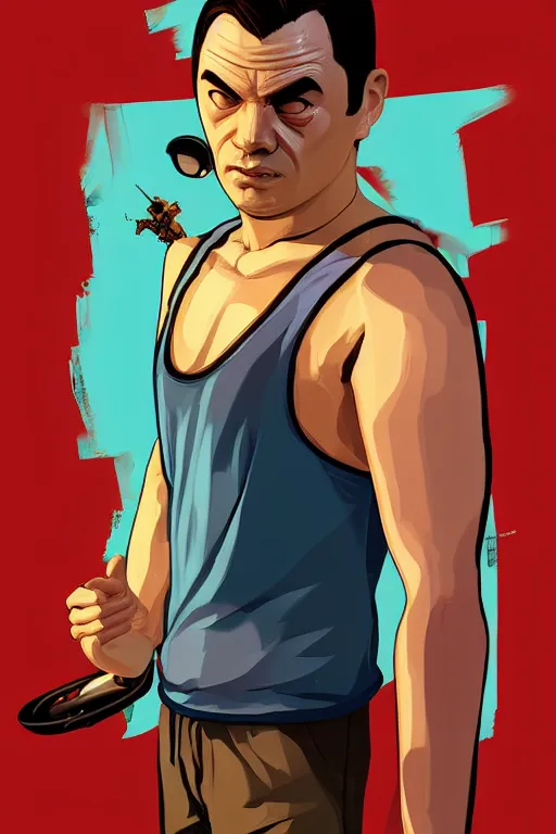 Image similar to boy with singlet tshirt and towel on shoulder. grand theft auto chinatown art style, bioshock art style pop art, no duplicate image, dynamic proportional, digital painting, artstation, concept art, smooth, sharp focus, illustration, intricate, hyperdetails, art by richard hamilton and mimmo rottela, pixels art by paul robertson