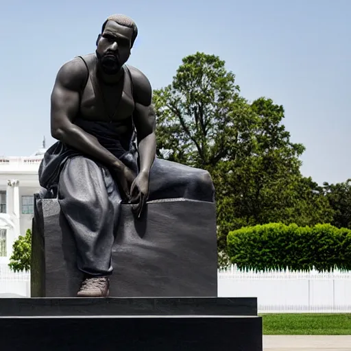 Image similar to a granite statue of kanye west, infront of the white house, photograph