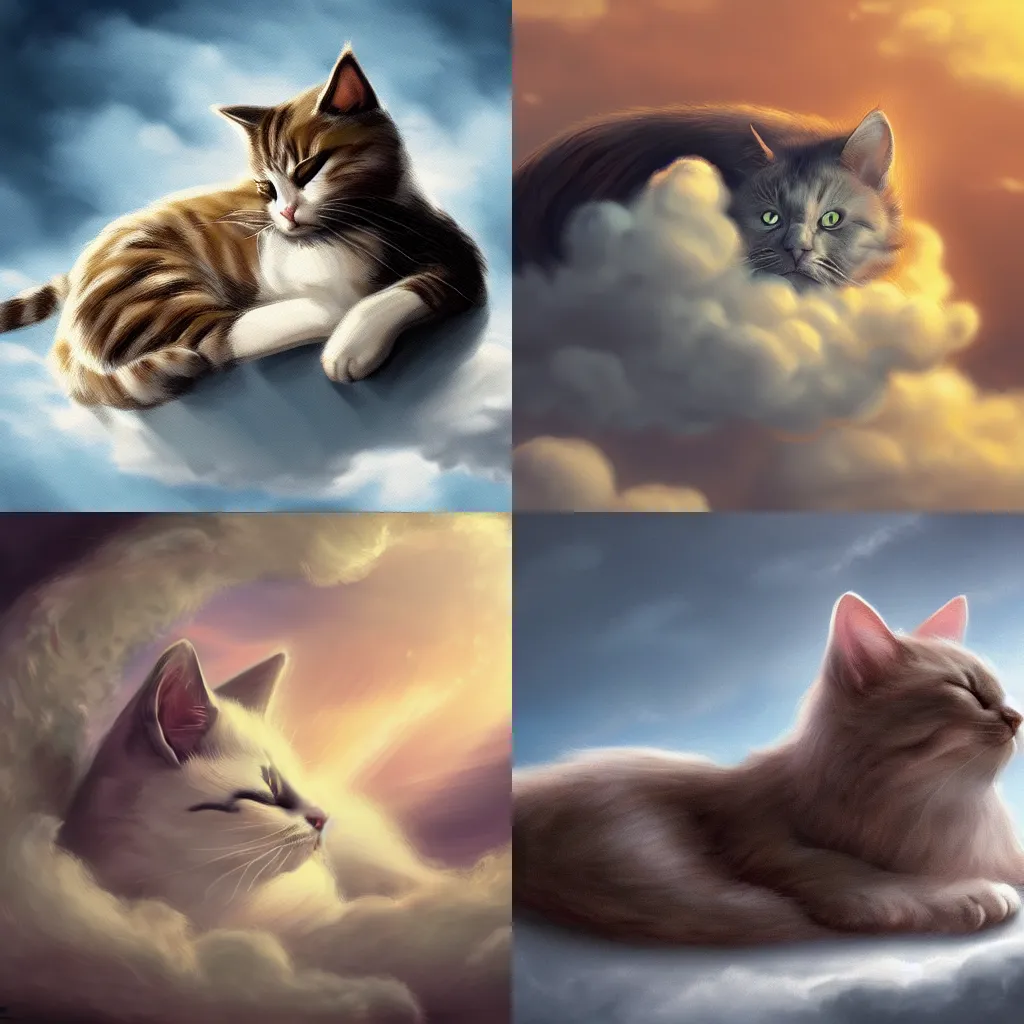 Prompt: cat sleeping on a cloud with angel wings, hyperdetailed, artstation, cgsociety, 8k