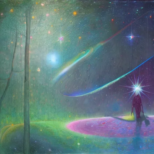 Image similar to psychedelic lush pine forest, space man, astronaut, outer space, milky way, designed by arnold bocklin, jules bastien - lepage, tarsila do amaral, wayne barlowe and gustave baumann, cheval michael, trending on artstation, star, sharp focus, colorful refracted sparkles and lines, soft light, 8 k 4 k