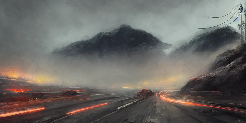 Image similar to a highly detailed epic cinematic concept art CG render digital painting artwork: Japanese highway, fog. By Greg Rutkowski, in the style of Francis Bacon and Syd Mead and Norman Rockwell and Beksinski, open ceiling, highly detailed, painted by Francis Bacon and Edward Hopper, painted by James Gilleard, surrealism, airbrush, Ilya Kuvshinov, WLOP, Stanley Artgerm, very coherent, triadic color scheme, art by Takato Yamamoto and James Jean