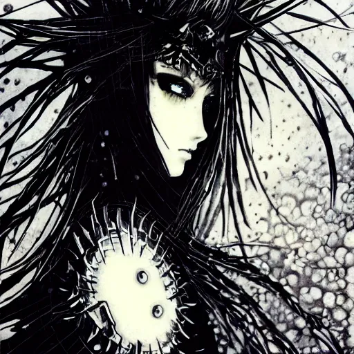 Image similar to yoshitaka amano blurred and dreamy illustration of an anime girl with black eyes, wavy white hair and cracks on her face wearing spiky elden ring armour with the cape fluttering in the wind, abstract black and white patterns on the background, noisy film grain effect, highly detailed, renaissance oil painting, weird portrait angle